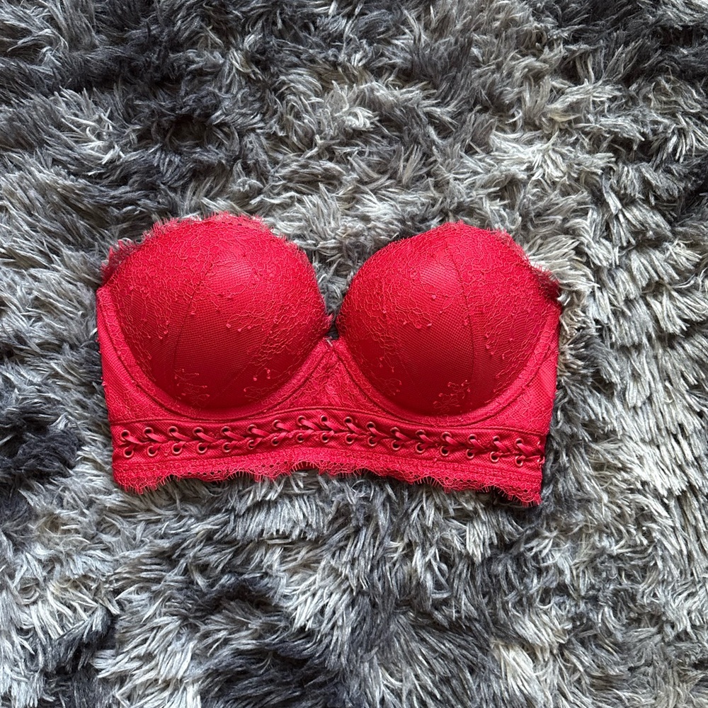 VS Red Lace Strapless Bustier Bra | Longline Corset Style Push-Up | Valentines
